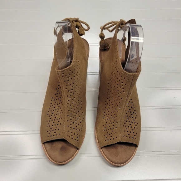 TOMS Tan Suede Leather Open Toe Sandals Heels Size 11 - Picture 2 of 10